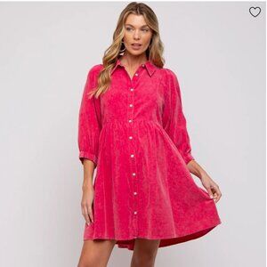 Fuchsia Corduroy Button Down Collared Maternity Dress